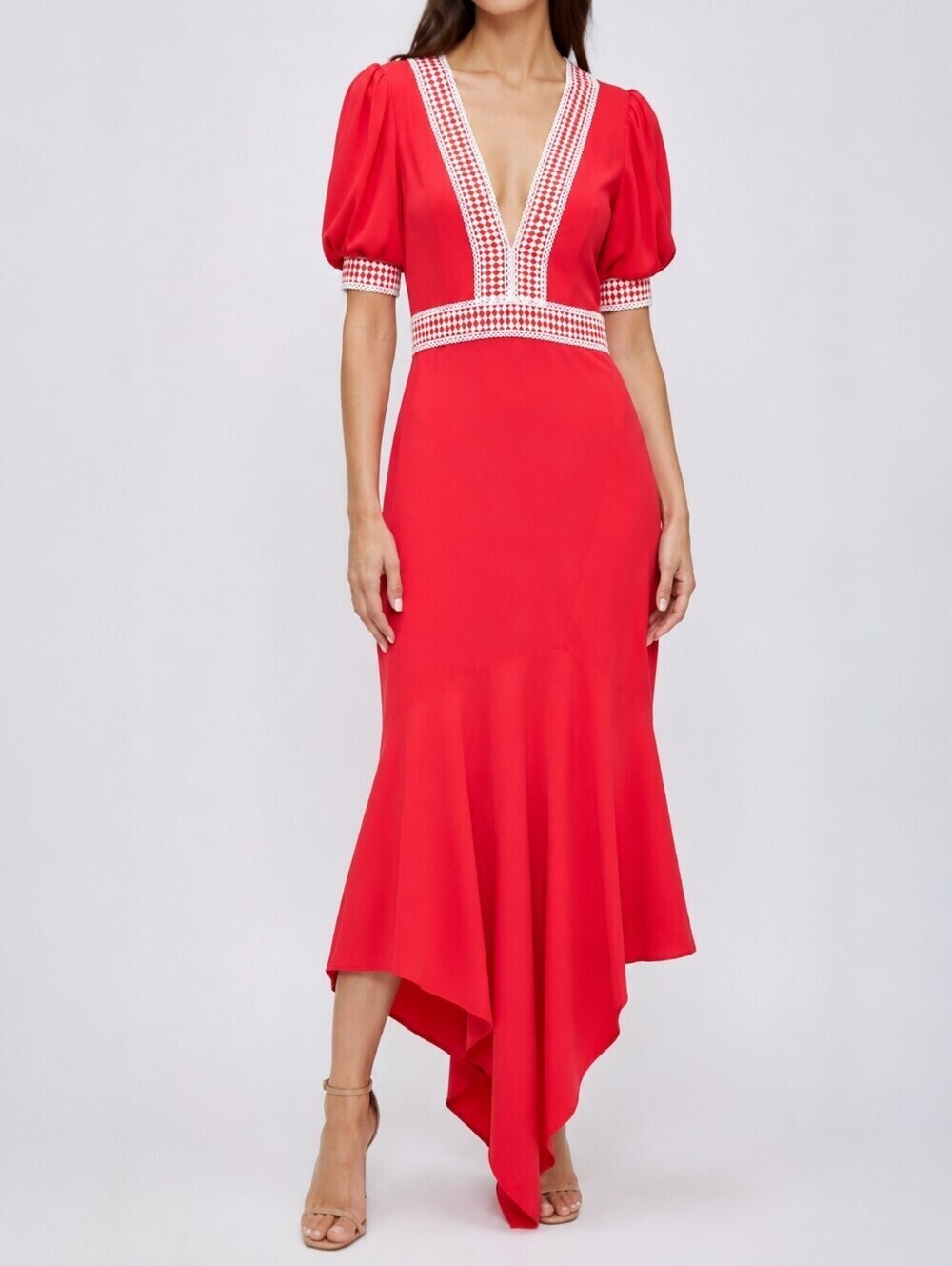 Belle Badgley Mischka Coral Puff Sleeve Asymmetrical Maxi Dress 4